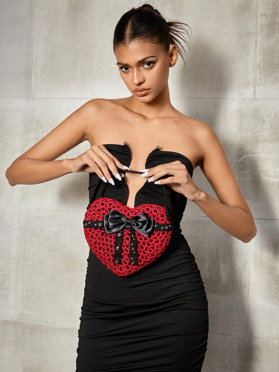 SHEIN ICON Quý cô, Túi xách quai trên dành cho nữ, Thời trang, Đơn giản, Cá nhân hóa, Đa năng, Những cô gái ngọt ngào và sành điệu, Những cô gái nóng bỏng, Y2k, Đường phố, Màu đỏ, Hình trái tim, Nơ, Đinh tán, Móc tay, Rỗng, Đáng yêu, Ngày lễ tình nhân, Giáng sinh Valentine - Đỏ - Xem 1