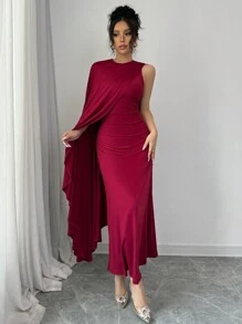 Chiquease Vestido largo elegante de mujer con cuello asimétrico, color vino tinto, vestido maxí color burdeos - Burdeos - Ver 6