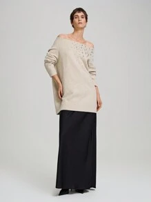Ontre Apricot Off Shoulder Long Sleeve Maxi Sweater With Rhinestone Collar Decor, Elegant And Luxurious For Party Wear