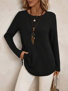 EMERY ROSE Áo thun nữ dệt kim nút lưng cong viền - màu đen - Xem 4