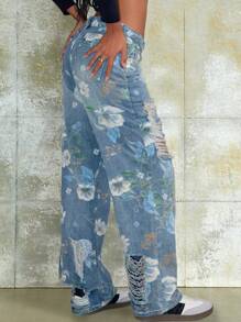 Quần Jeans Rách In Hoa Phong Cách Đường Phố Túi Cũ - Màu xanh lam - Xem 3