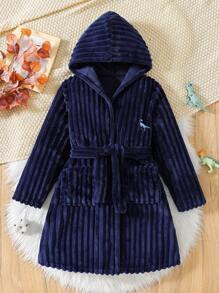 SHEIN Boys' Long Sleeve Hooded Long Robe With Texture Stripe Pattern, Warm And Comfortable Sleepwear - Royal Blue - View 1