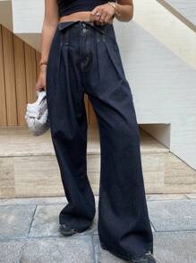 Women Casual Folded Fringed Wide Leg Jeans - Dark Wash - View 3