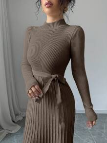 Chiquease Váy len dài tay xếp ly cổ đứng màu trơn tối giản thắt lưng tự buộc - màu nâu - Xem 6