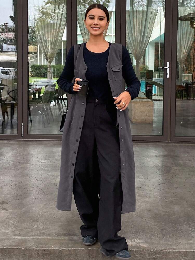 Women Solid Round Neck Pleated Pocket Waisted Mid-Length Dress,Fall Clothes