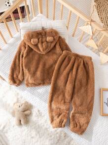 SHEIN 2 件装小男孩可爱耳朵设计连帽拉链上衣和柔软羊毛裤，舒适睡衣睡衣套装，秋冬 - 灰色 - 查看 2