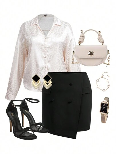 Ellevyn 大码女式双排扣不对称下摆短款 A 字裙