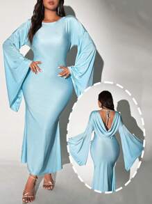 Viva Relle Plus Size Women Solid Ruffle Collar Flare Sleeve Fitted Elegant Dress - Blue - View 1