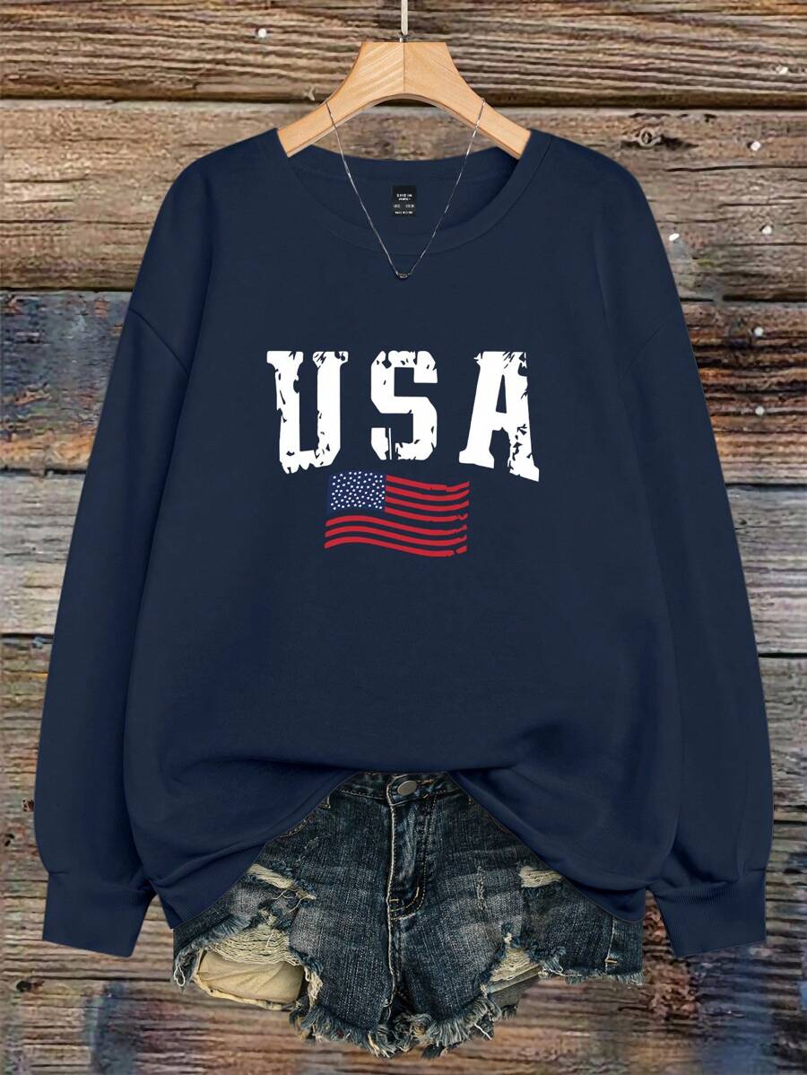 SHEIN CURVE+ Plus Size Women's American Flag And Lettering Graphic Thermal Lined Crew Neck Long Sleeve Sweatshirt, For Winter , Graduation, Teachers For Women, Back To School Pullover Fall Autumn