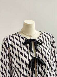 Soleia Plus Size Women's Black And White Geometric Wavy Print Round Neck Top,Front Tie Bow Lantern Sleeve Ruffle Hem Casual Top,Elegant Autumn Tea Party Top - Multicolor - View 4