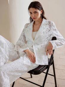 Anewsta Elegant Sheer Fabric Embroidered Sequined Translucent Blazer Suit, Autumn/Winter - White - View 6