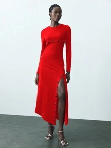 Maija Đầm dệt kim dài tay cổ tròn đơn giản hàng ngày màu trơn cho nữ mùa đông dài Đầm cho nữ thanh lịch - Đỏ - Xem 4