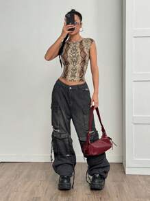 StreetHx 蛇皮印花露背圆领短袖短款休闲街头风格女士 T 恤，春秋季图案 T 恤女式上衣 - 彩色 - 查看 5