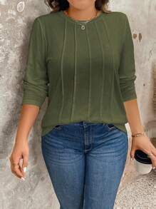 Camiseta Casual de Manga Longa com Gola Redonda e Plissada em Cor Sólida, Plus Size - Verde - Visão 6