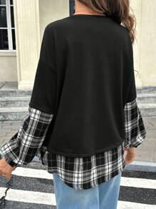 SHEIN 孕妇格子印花圆领休闲百搭长袖运动衫