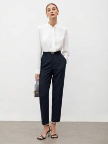 BizChic 女士纯色口袋优雅通勤直筒裤，浪漫别致日常时尚百搭商务休闲风，适合办公室、商务、休闲、秋冬季教师着装。 - 藏蓝色 - 查看 10