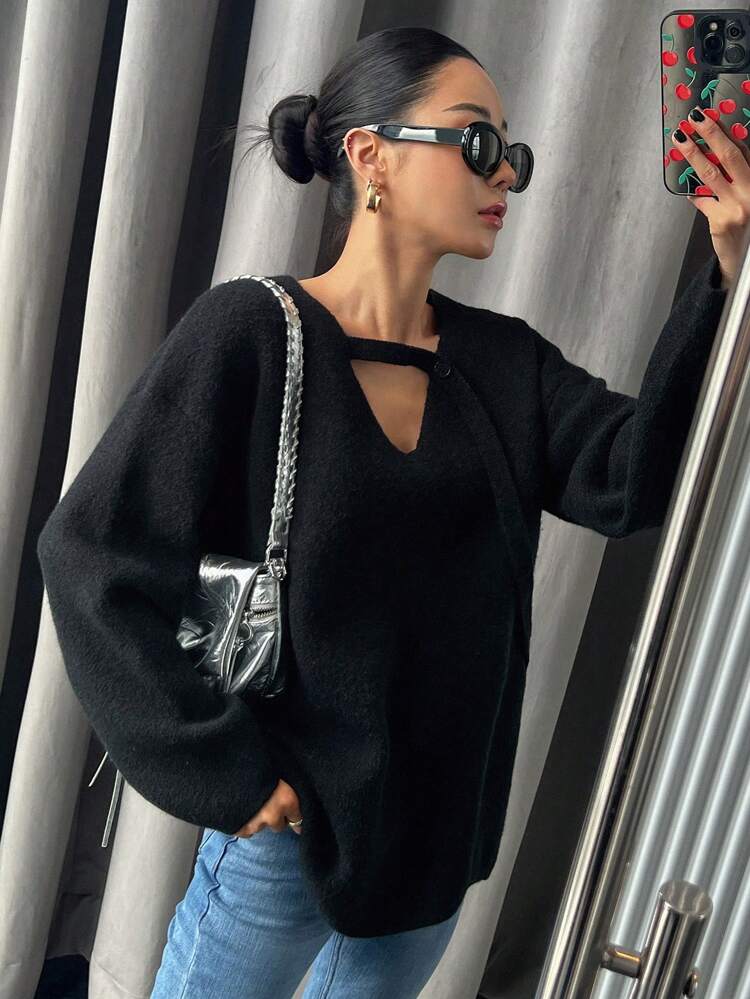 Women Casual Solid Color Hollow Out Knitted Sweater, For Autumn/Winter,Fall Women Clothes