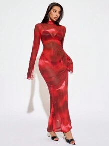 SHEIN SXY 红色渐变半透明性感长袖连衣裙、红色连衣裙、红色女装连衣裙、派对女装连衣裙、圣诞派对女装连衣裙、新年前夜连衣裙、新年服装、性感红色连衣裙、红色长裙