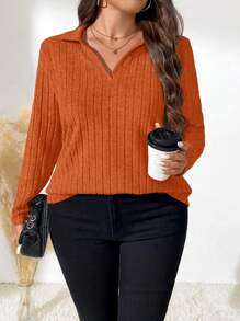 Plus Size V-Neck Solid Long Sleeve T-Shirt, Simple Stylish Fall Cloth For Women