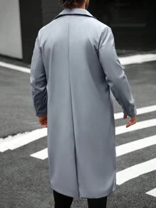 Manfinity Homme 男士纯色罗纹领长袖 PU 皮革休闲长款风衣，秋季，皮革冬季男士夹克 - 灰色 - 查看 2
