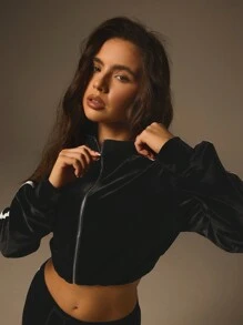 Athîral 2 Stücke Damen Lässig Kontrast Saum Crop Top und lange Hose Set, Herbst - Schwarz - Übersicht 3