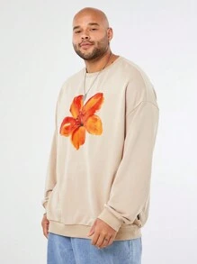 Manfinity VCAY Plus Size Men's Floral Print Pullover Sweatshirt Going Out Crew Neck Graphic Long Sleeve Casual Khaki Sweatshirt, For Friends, Husband, Boyfriend Gifts, For Fall Winter - Khaki - View 3