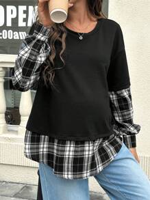SHEIN 孕妇格子印花圆领休闲百搭长袖运动衫