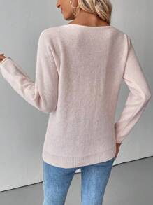 SHEIN LUNE 休闲纯色刺绣花卉圆领毛衣，秋季针织套头衫 - 淺粉色 - 查看 2