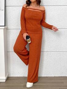 Franclia Plus Size Women's Autumn/Winter Off Shoulder Long Sleeve Knitted 2 Pieces Set