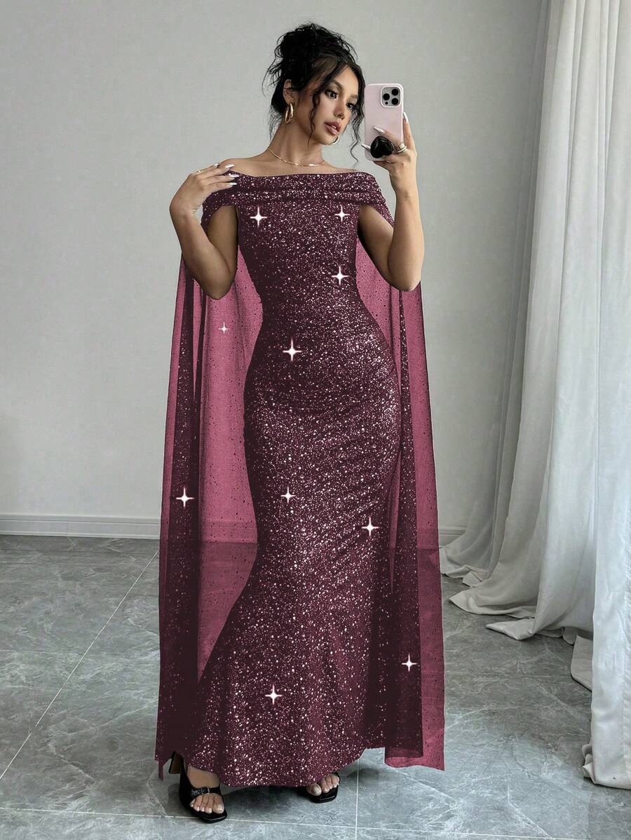 Rafferiza Women's Elegant Off Shoulder Glitter Printed Ruffle Dress Burgundy Maxi Women Outfit Star Dressdress Burgundygoddess Dressmaroon Dress Elegantoff Shoulder Long Dress Fall Cloth For Women - Burgundy - View 1