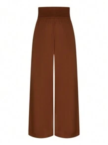 SHEIN Clasi 大码女式高腰纯色纽扣设计宽松优雅阔腿裤 - 棕色 - 查看 2