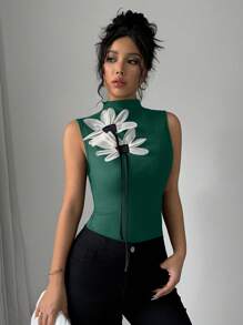 Elenzga 女士性感紧身无袖背心，带花卉网眼细节 - 墨綠色 - 查看 4
