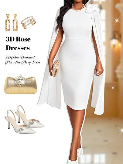 Fleurora 春夏秋冬休闲优雅派对情人节婚礼白色针织飘逸圆领斗篷袖3D玫瑰中长袖大码连衣裙