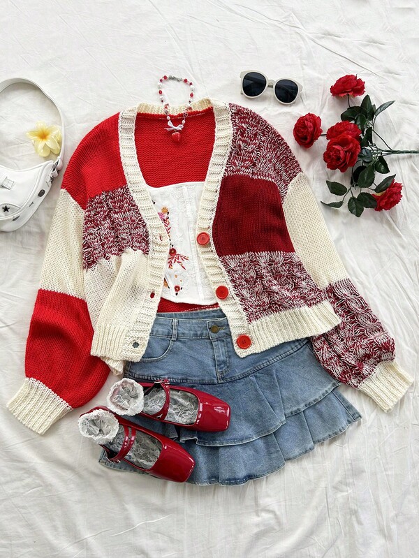 Dreamara Cardigan tricoté patchwork rouge décontracté pour grandes tailles, idéal pour les vacances, la saison de la remise des diplômes en automne/hiver