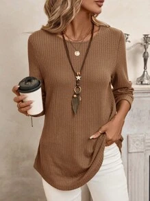 EMERY ROSE 女款华夫格针织纽扣后背弧形下摆 T 恤 - 駝色 - 查看 3