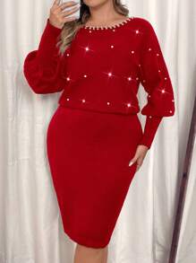 SHEIN Clasi 大码露肩珍珠串珠蝙蝠袖收腰黑色毛衣连衣裙商务休闲女士、工作服、秋季婚礼宾客礼服，适合冬季 - 紅色 - 查看 5