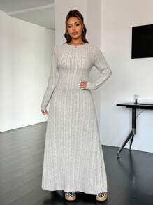 SHEIN EZwear 大码女式圆领长袖罗纹休闲长款毛衣连衣裙，冬季保暖 - 灰色 - 查看 6