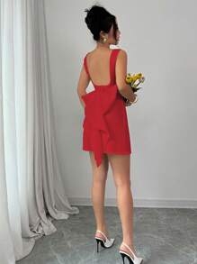 Selianne Elegant Women's Backless Big Bow Boat Neck Sleeveless Mini Dress - Red - View 4
