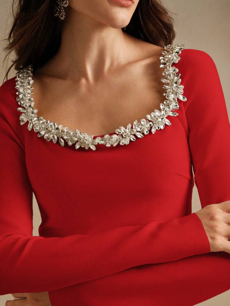 Crystal Embellished Square Collar White Slim Fit Midi Dress For New Year Clothes Maxi Women Outfit