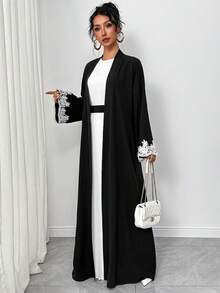 Women Solid Color Patchwork Long Sleeve Casual Abaya Open Cardigan