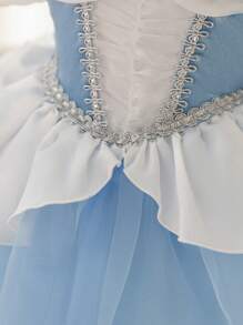 SHEIN Glamorique Kids 圣诞节,派对装,圣诞老人连衣裙,新年连衣裙,圣诞女婴连衣裙,万圣节女婴连衣裙,公主连衣裙,天鹅绒袖套装,生日派对婚礼节日连衣裙,女童蓝色泡泡袖连衣裙,蓝色薄纱,宝石,舞台COS - 藍色 - 查看 3