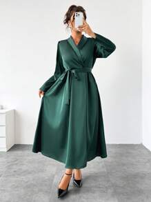 SHEIN Unity Đầm nữ tay dài cổ buộc eo màu xanh ngọc lục bảo bóng cỡ lớn thanh lịch - Màu xanh lá cây đậm - Xem 6