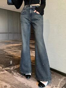 DAZY Women Rhinestone Pocket Casual Versatile Flare Leg Jeans - Dark Wash - View 6