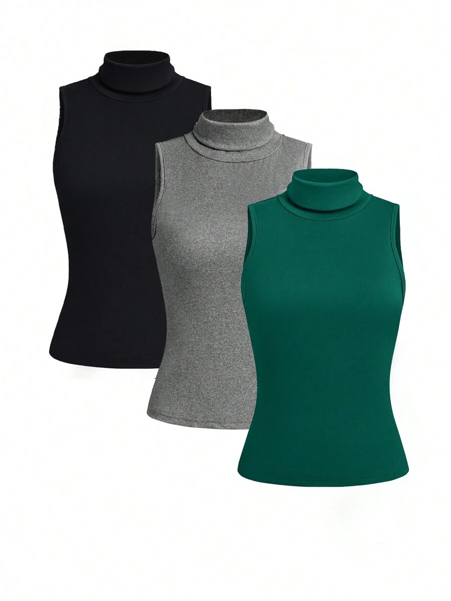 SHEIN LUNE 3 件套女士纯色高领修身吊带背心套装 - 彩色 - 查看 1