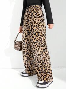 1pc Tween Girls Leopard Fleece Straight Leg Casual Pants, Autumn/Winter