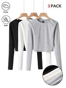 SHEIN BASICS 3 件套女士休闲针织圆领长袖短款修身 T 恤，舒适别致，日常通勤，修身百搭 - 彩色 - 查看 3