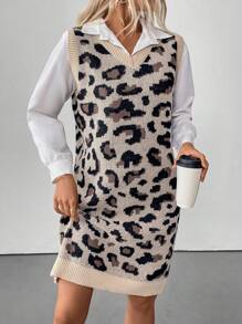 SHEIN Clasi Leopard Pattern Jacquard Sleeveless Knitted Casual Dress, Autumn/Winter