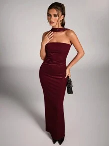 SHEIN BAE Gorgeous And Elegant Velvet Party Banquet Gathering Red Tube TopHalter Long Red Dress,Red Dresschristmas Women Clothes,Elegant Dress Wedding,Halloween Women Outfits,Greek Goddess Dress,Holiday Dress,Christmas Party Dress