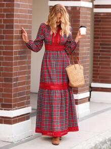SHEIN VCAY Women Vintage Plaid Lantern Sleeve Patchwork A-Line Extra Long Casual Vacation Dress, Autumn/Winter