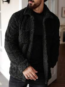 Manfinity Homme Men's Casual Solid Color Fuzzy Jacket For Autumn/Winter ,Men Flannel,Winter Men Jacket